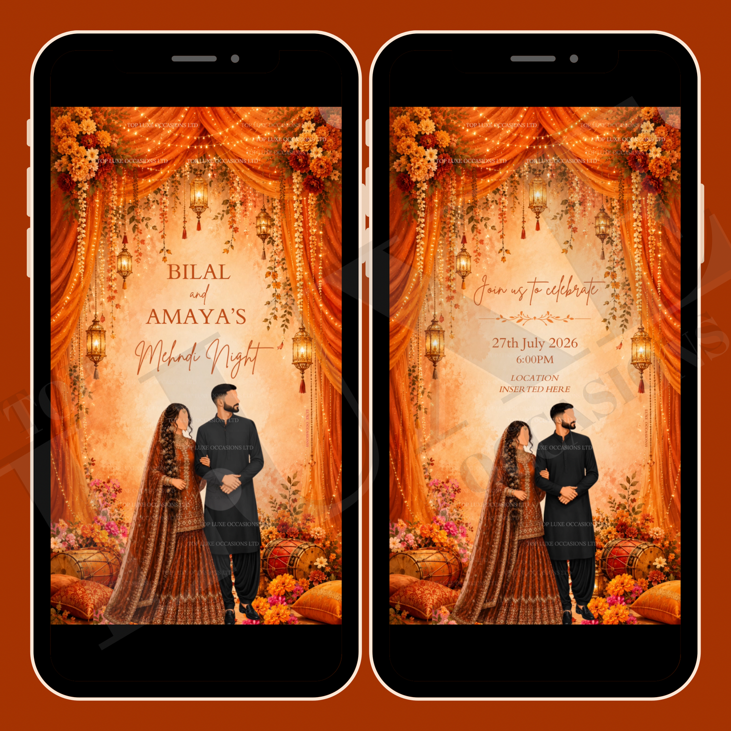 Vibrant Orange Joint Mehndi Dholki Invite