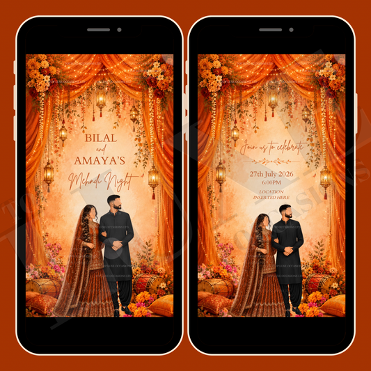 Vibrant Orange Joint Mehndi Dholki Invite