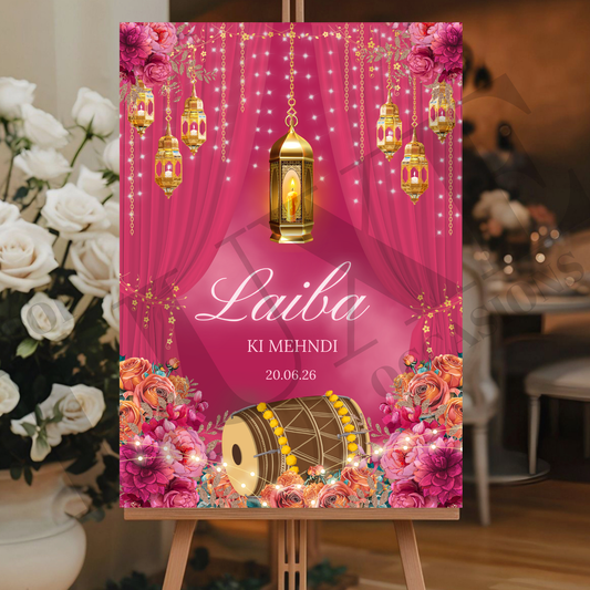 Pink Vibrant Mehndi Dholki Welcome Sign