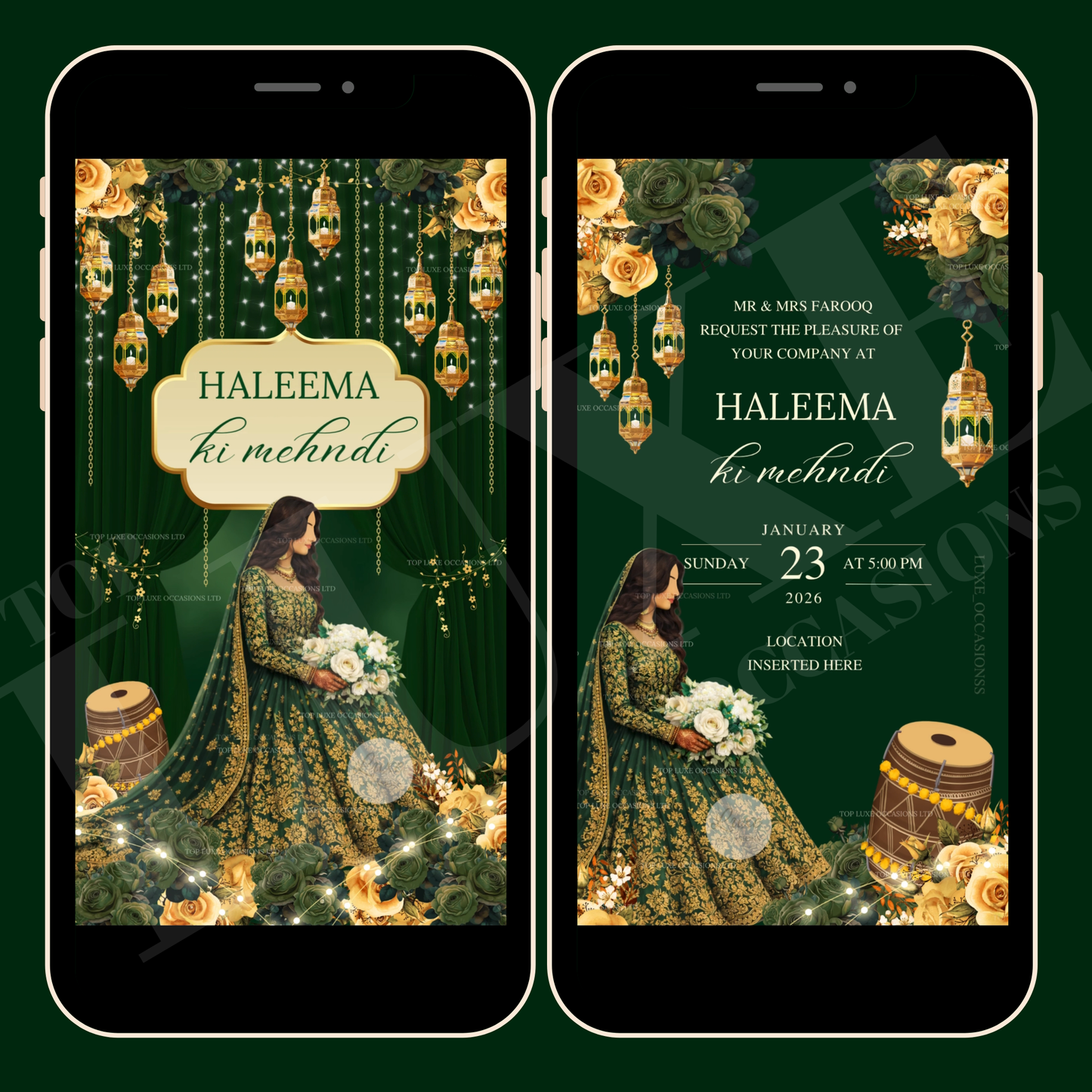 Deep Green Mehndi Dholki Video Invite