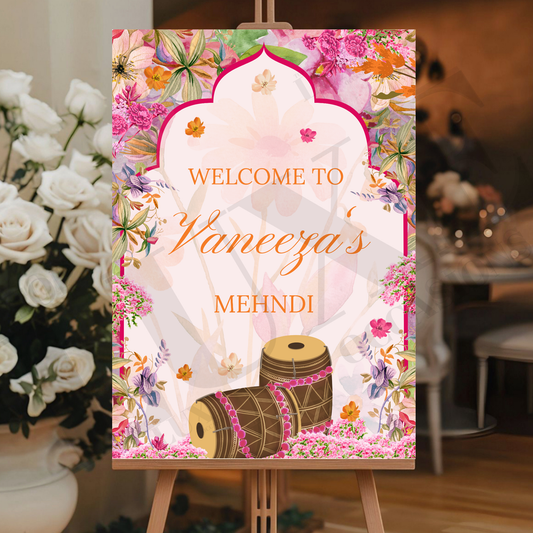 Floral Mehndi Dholki Welcome Sign