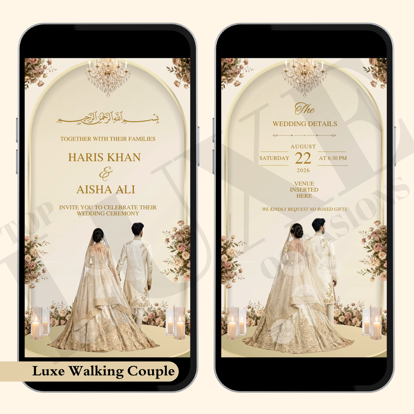 Neutral Beige Walking Couple Nikkah | Baraat | Walima Video Invite