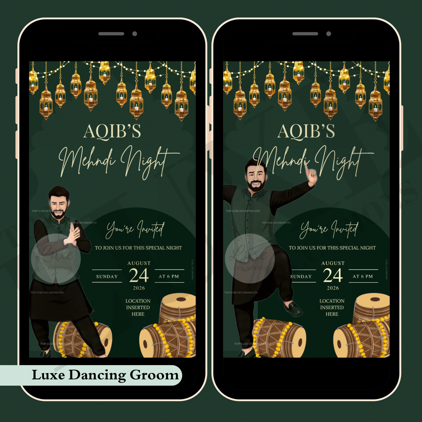 Animated Dancing Groom Green Mehndi Dholki Video Invite