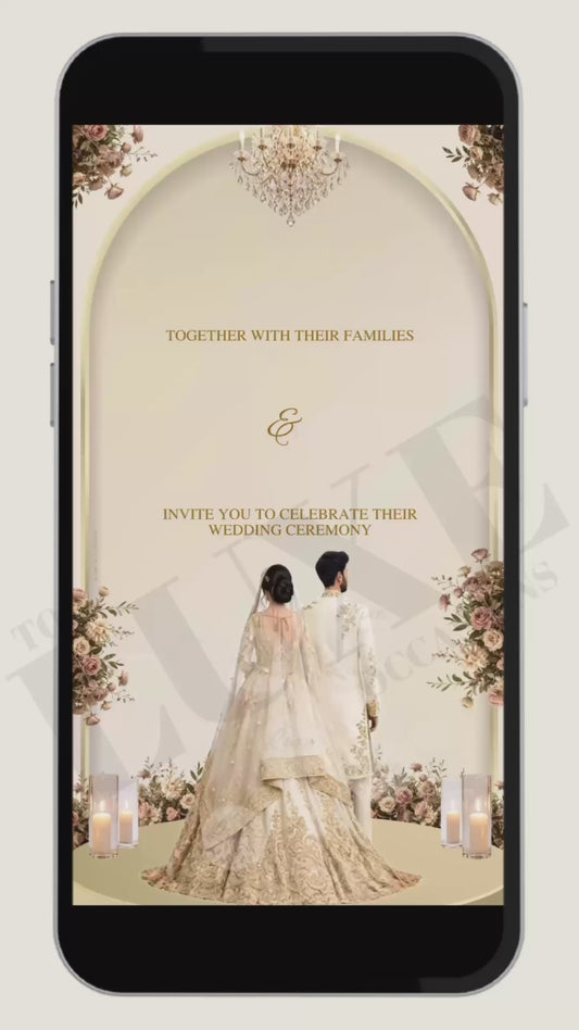Neutral Beige Walking Couple Nikkah | Baraat | Walima Video Invite